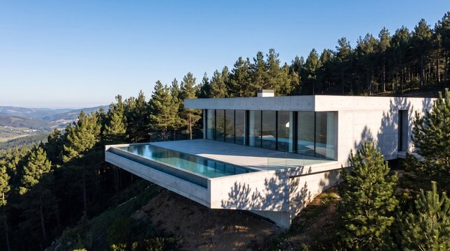 Modern luxury mansion with infinity swimming pool on cliff side in forest