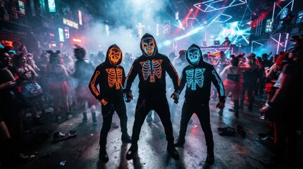 Fototapeta premium Group of glowing neon skeleton dancers at Halloween party