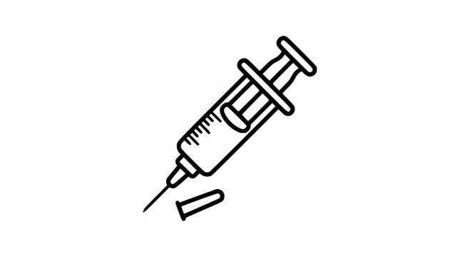 Medical Syringe and Hypodermic Needle Linear Vector Icon Featuring Measurement Graduations, Detached Cap, Liquid Plunger, and Vaccine Injection Graphic Element