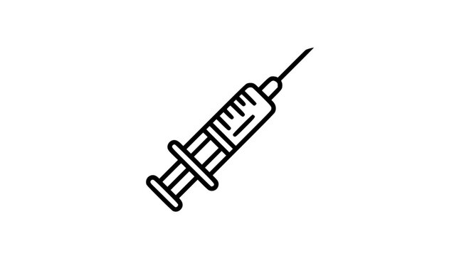 Medical Syringe and Hypodermic Needle Linear Vector Icon Featuring Measurement Graduations, Liquid Plunger, and Vaccine Injection Graphic Element