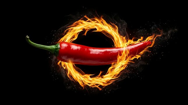 Fiery chili pepper with intense flames and smoke. Spicy red hot pepper igniting on black background for bold culinary impact.