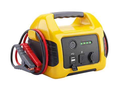 3D Portable power station with jump starter cables connected to car battery isolated on transparent background