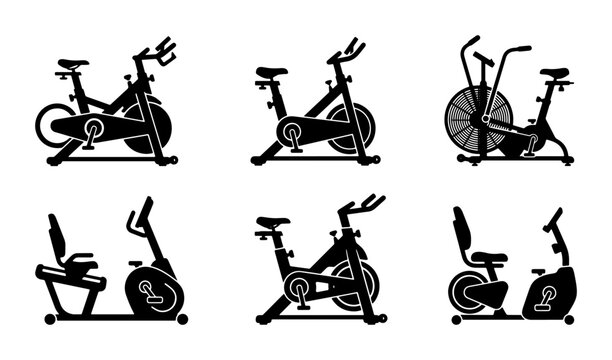 Stationary Bike Icons Set, Exercise Cycle Vector Graphics, Fitness Equipment Silhouettes