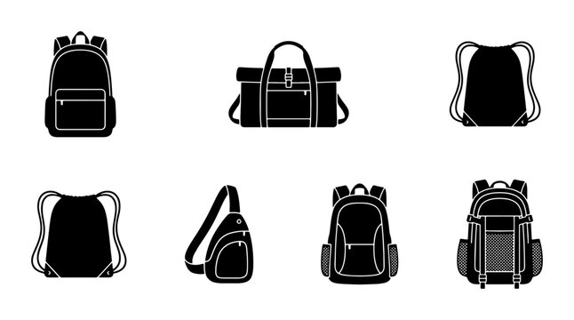 Vector Icons Set: Backpacks, Duffel Bag, Sling Bag, Drawstring Bags for Travel and Sport