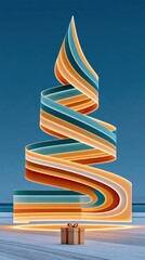 Obraz premium Abstract glowing spiral Christmas tree with gift box on wooden deck at dusk