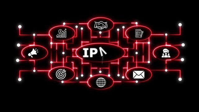 Glowing Neon IPV6 Business Network Interface with Connected Communication and Productivity Icons on Black Background Conceptual hand writing showing Concept meaning animation.