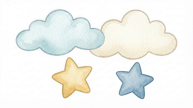 Watercolor illustration of cute blue and beige clouds with two stars isolated on transparent background