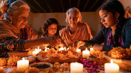 Obraz premium Family decorating altar de muertos with marigolds and candles during Day of the Dead celebration