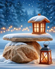 Fototapeta premium Snow-covered stone pedestal with glowing lanterns in twilight winter forest