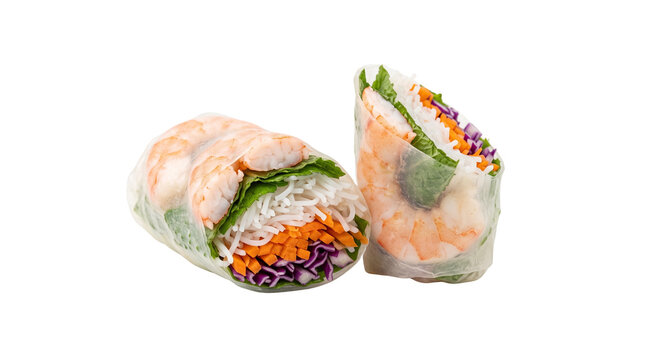 Fresh Vietnamese spring rolls with shrimp and vegetables, healthy rice paper summer rolls, traditional Asian appetizer with prawns and herbs isolated PNG with Transparent Background