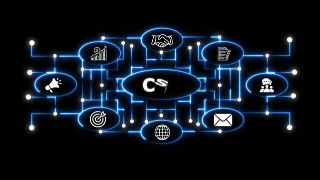 Glowing Neon CSV Business Network Interface with Connected Communication and Productivity Icons on Black Background Conceptual hand writing showing Concept meaning animation.