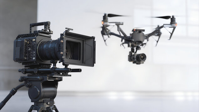Professional video camera on tripod and flying drone with camera in modern studio, technology for aerial filming and recording