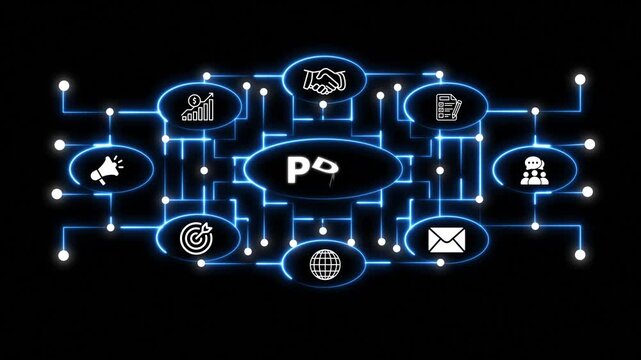 Glowing Neon PDF Business Network Interface with Connected Communication and Productivity Icons on Black Background Conceptual hand writing showing Concept meaning animation.