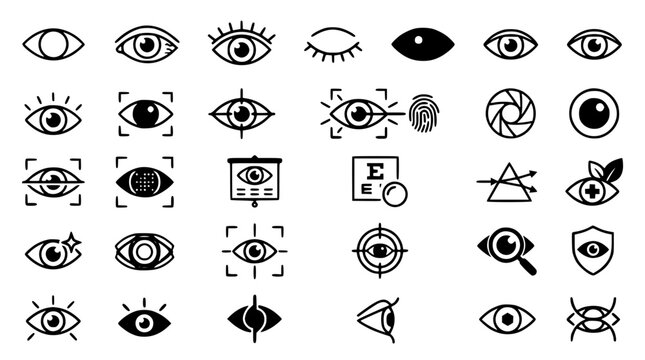 Human Eye and Vision Care Vector Icon Set Featuring Biometric Retinal Scanning, Optometry Snellen Charts, Medical Ophthalmology Exam Symbols, and Security Surveillance Graphics