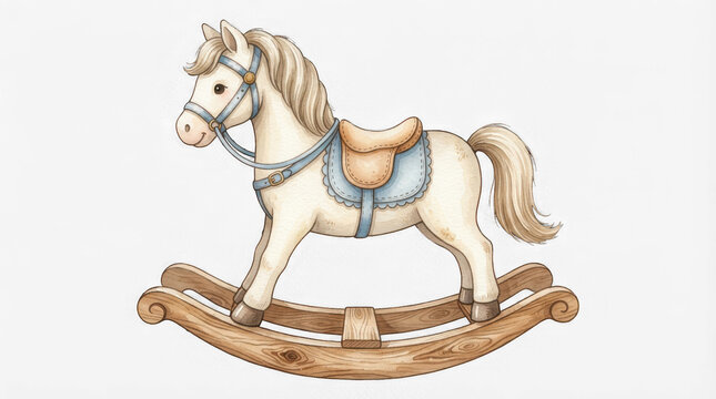 Watercolor illustration of a cute rocking horse isolated on transparent background