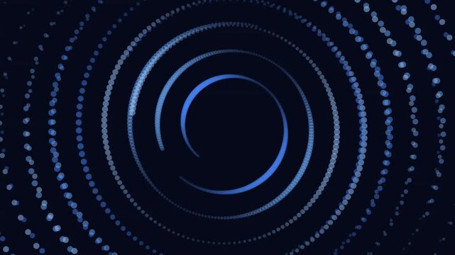 Abstract blue particle spirals rotating against dark background