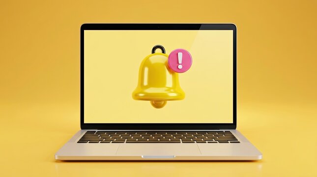 Laptop screen displaying a notification bell icon with an exclamation mark.