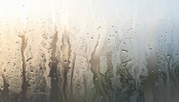 Close-up of condensation droplets on a window glass pane, with water trickling down creating vertical streaks, warm light glowing from the side, blur bokeh background, humid weatherain drops on window