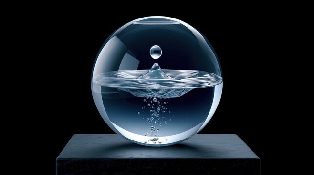 Water drop falling into glass sphere with ripple and bubbles on black background