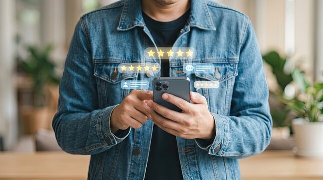 Man Giving Five-Star Rating and Online Feedback on Smartphone for Service Quality