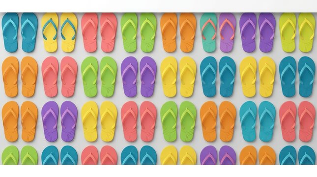 Colorful flip flop sandals arranged in a grid pattern