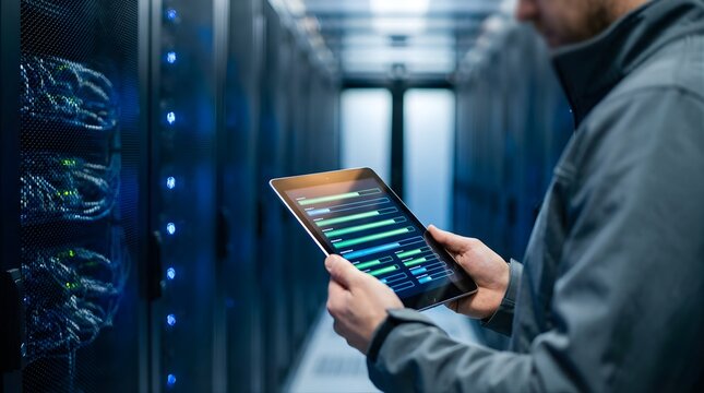 IT technician monitoring server status with digital tablet in data center