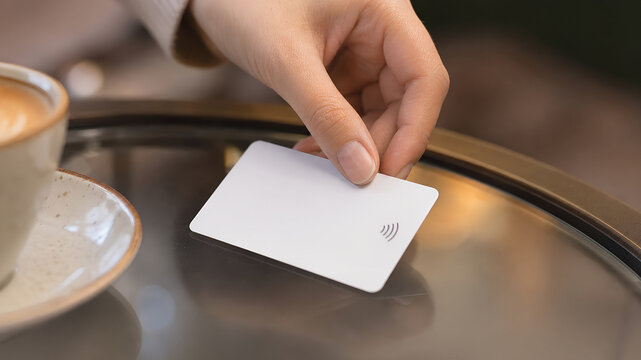 Contactless card payment hand coffee cafe wireless technology table modern lifestyle contactless card payment hand near coffee cup glass table