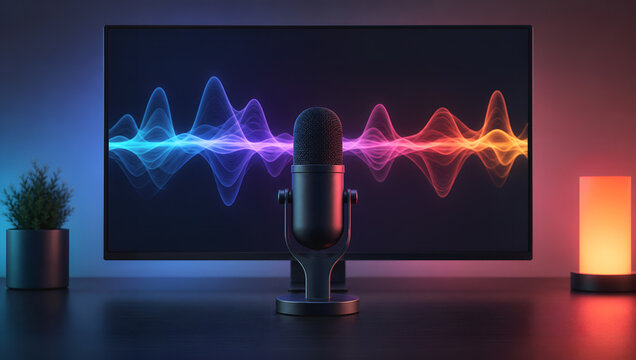 Studio microphone computer monitor sound wave colorful light home office podcast setup digital audio modern desk studio microphone front computer