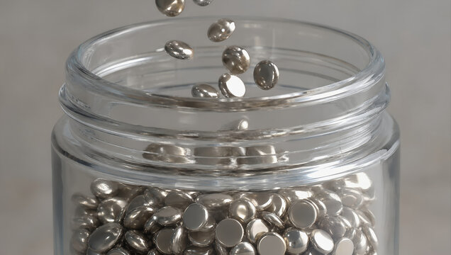 Metallic pill silver capsule glass jar supplement pharmacy healthcare medicine reflection metallic pill pour into glass jar with shiny silver