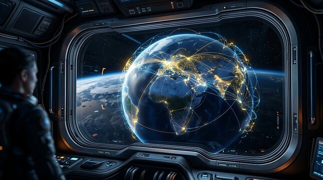 Astronaut looking at global digital network connections from inside a futuristic spacecraft window