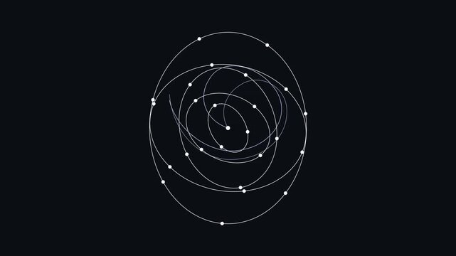 Abstract rotating orbital spheres with glowing nodes on dark