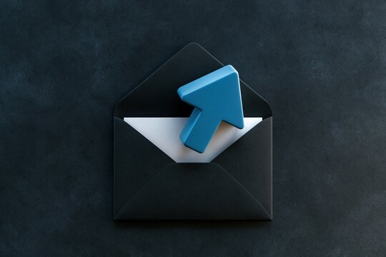 Black open envelope with bright blue upward arrow sitting on dark textured background representing sending email message and data upload concept