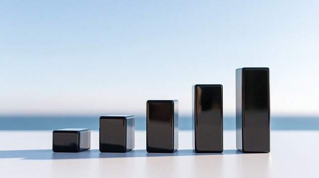 Five glossy black rectangular blocks arranged in clear ascending order from left to right on white table with blue sea and sky background representing steady business growth