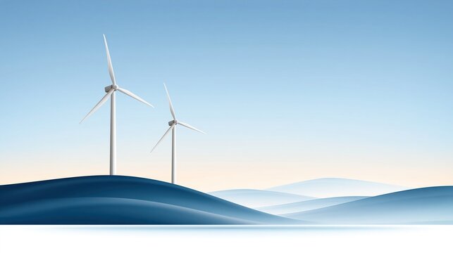Minimalist abstract modern landscape with two white wind turbines placed on rolling dark blue hills under soft gradient clear blue sky representing sustainable eco energy concept