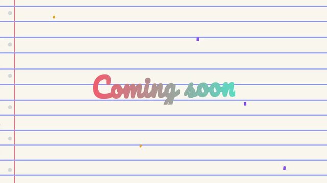 Coming soon text overlay on lined notebook paper background with event