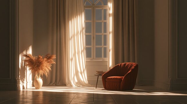 Elegant classic living room interior with warm sunlight streaming through window next to deep red velvet armchair and dried pampas grass in vase