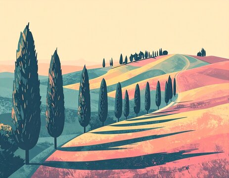 tuscan landscape with cypress trees rolling hills vintage style illustration background