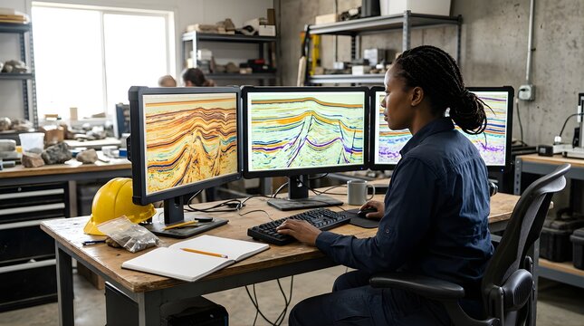 Professional geologist analyzing seismic data on monitors in lab office