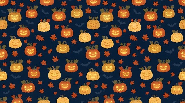 Halloween seamless pattern with glowing pumpkins and leaves