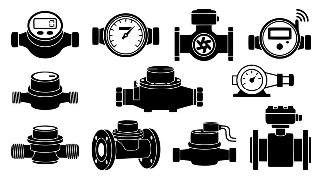Industrial Water Meter and Pipeline Flow Gauge Silhouette Vector Set Featuring Digital Flowmeters Analog Dials Smart Wireless Transmitters and Utility Hardware Symbols