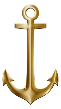 Gold colored metallic ship anchor, navy symbol, illustration