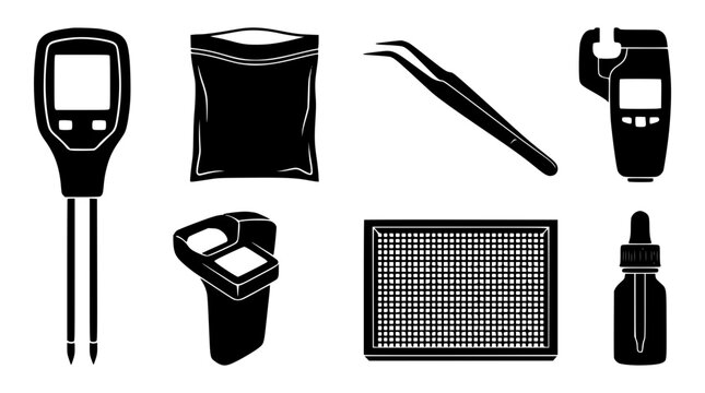 Agronomy soil testing and botany laboratory tool icon set featuring digital moisture meter tweezers petri tray sample pouch and dropper bottle vector silhouette