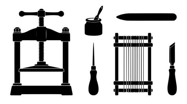 Traditional bookbinding workshop craft tool icon set featuring heavy screw press glue pot bone folder sewing frame awl and paring knife silhouette vector