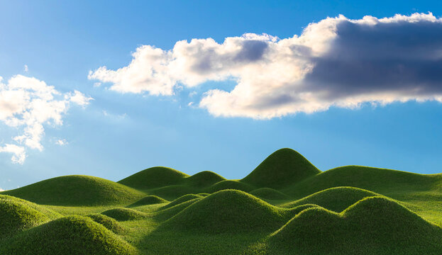 Smooth grass hill landscape under blue sky with clouds. 3D rendering.