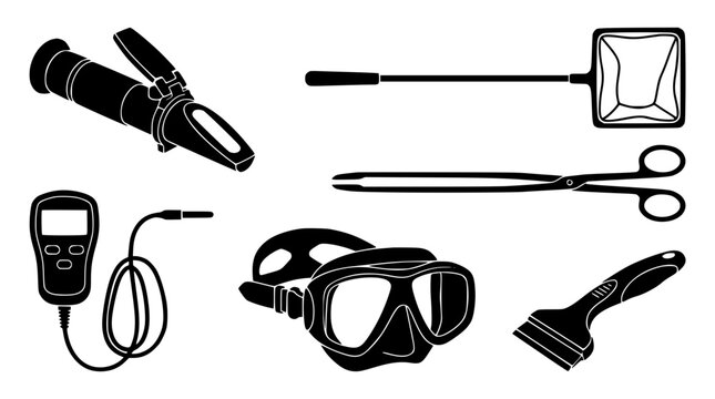Aquarium maintenance and water testing equipment icon set with refractometer digital ph tester fish net aquascaping scissors scraper and diving mask vector silhouette