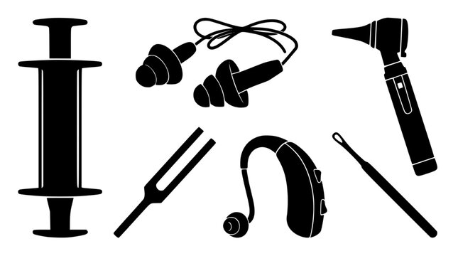 Audiology and ear care medical equipment icon set with otoscope hearing aid earplugs tuning fork syringe pump and curette vector black silhouette