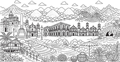 Obraz premium Traditional Philippine Landscape and Heritage Landmarks Coloring Page Illustration