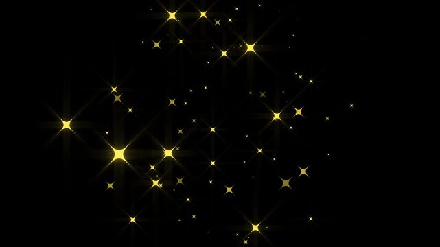Glowing golden star sparkles burst on black screen, glitter star line animation with starry night twinkling, magic dust glow sparkle effect, 2D flat sparkle effect overlay, seamless loop 4k
