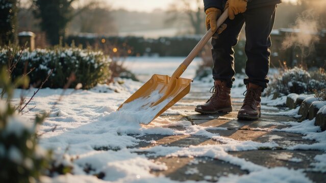Person shoveling snow on a sidewalk in winter