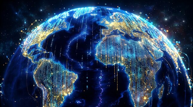 Global digital network connection represented through glowing binary code over a stylized earth globe